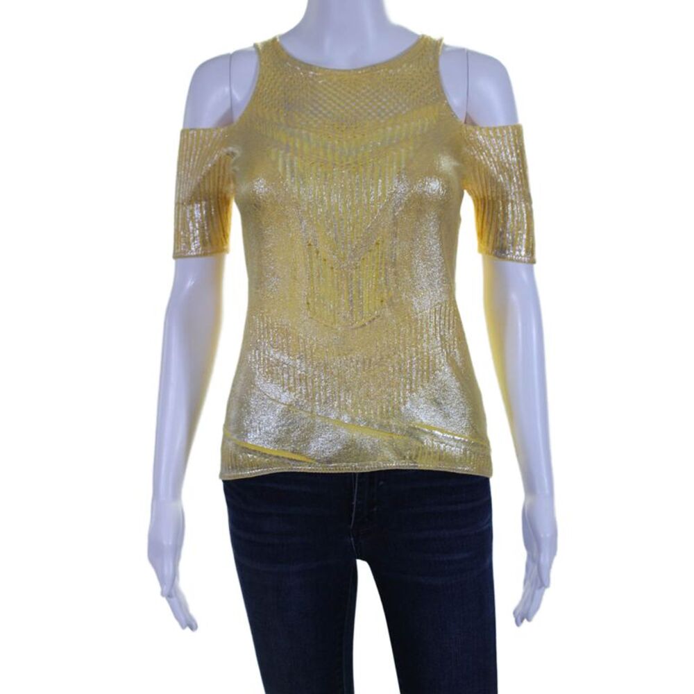 Oblique Womens Metallic Short Sleeve Off Shoulder Knit Blouse Yellow Size S
